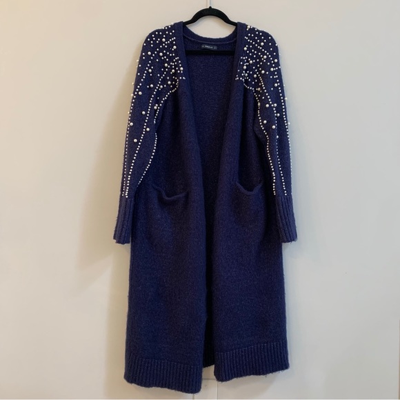 Zara Navy Blue Pearl Long Cardigan Size Small - Picture 2 of 9